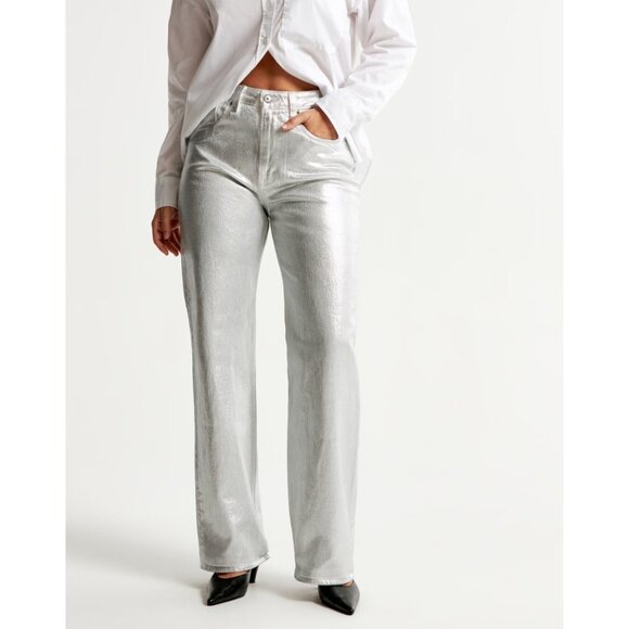 Abercrombie Fitch Metallic Silver Curve Love Ultra High Rise 90s Straight Jeans - Picture 1 of 4